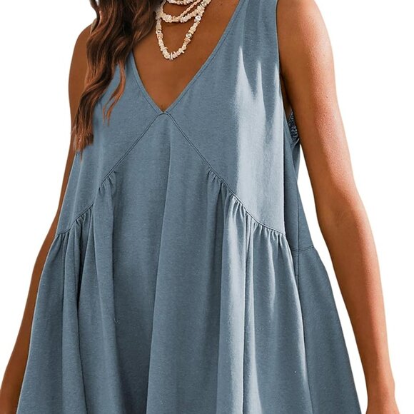 Dresses & Skirts - Blue Grey Womens Summer Sleeveless Mini Dress with Pockets, V-Neck, Loose Fit, C